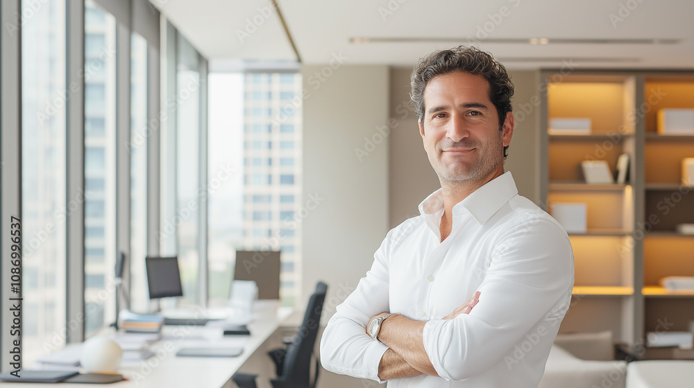 Confident professional businessman standing in a modern office with arms crossed, smiling against a backdrop of bookshelves and large windows. Confident professional businessman standing in a modern office with arms crossed, smiling against a backdrop of bookshelves and large windows.