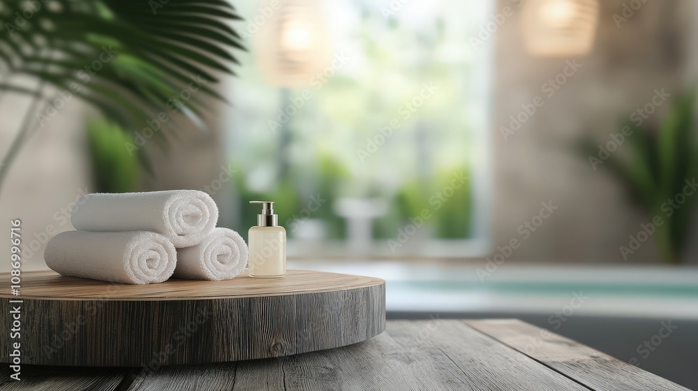 Rolled Towels and Dispenser Bottle on Wooden Surface in Bathroom Setting