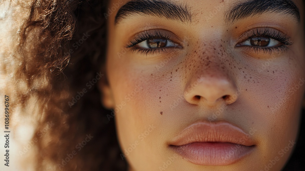 Close-Up Portrait of a Young Woman Showcasing Natural Beauty, Freckles, and Radiant Skin with Soft, Curly Hair Under Natural Light Close-Up Portrait of a Young Woman Showcasing Natural Beauty, Freckles, and Radiant Skin with Soft, Curly Hair Under Natural Light