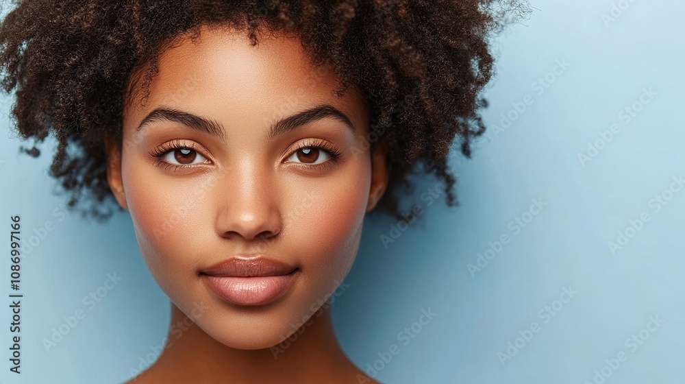 Natural Beauty Portrait of a Young Woman with Curly Hair Against a Soft Blue Background, Showcasing Radiant Skin and Expressive Features for Stock Photography Natural Beauty Portrait of a Young Woman with Curly Hair Against a Soft Blue Background, Showcasing Radiant Skin and Expressive Features for Stock Photography