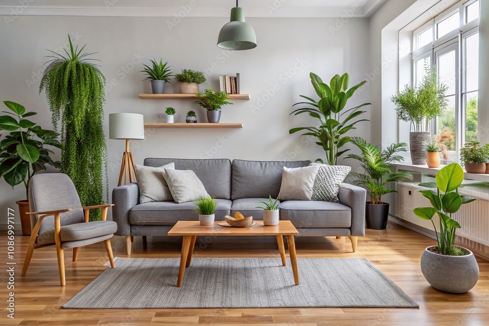 Modern Minimalist Living Room Featuring a Gray Sofa Surrounded by Lush Indoor Plants Bathed in Natural Light Creating an Inviting and Serene Atmosphere for Contemporary Spaces Modern Minimalist Living Room Featuring a Gray Sofa Surrounded by Lush Indoor Plants Bathed in Natural Light Creating an Inviting and Serene Atmosphere for Contemporary Spaces
