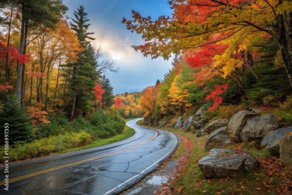 Serene Winding Road in Autumn Forest - Tranquil Scenic Drive with Colorful Leaves and Wet Rocks Serene Winding Road in Autumn Forest - Tranquil Scenic Drive with Colorful Leaves and Wet Rocks