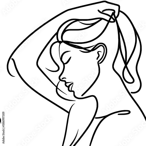 Elegant minimalist line art of a woman in profile with flowing lines