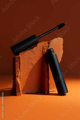 Close-up mockup of empty smooth mascara with delicate brush on soft, blurry, expensive background. Elegant brick effect adds a touch of luxury, perfect for beauty and makeup themes. photo