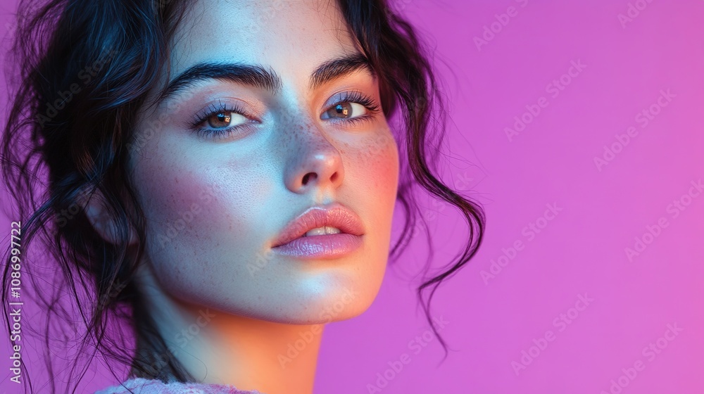 Captivating Close-Up of a Beautiful Woman with Radiant Skin and Soft Makeup Against a Vibrant Pink Background for Fashion and Beauty Applications Captivating Close-Up of a Beautiful Woman with Radiant Skin and Soft Makeup Against a Vibrant Pink Background for Fashion and Beauty Applications
