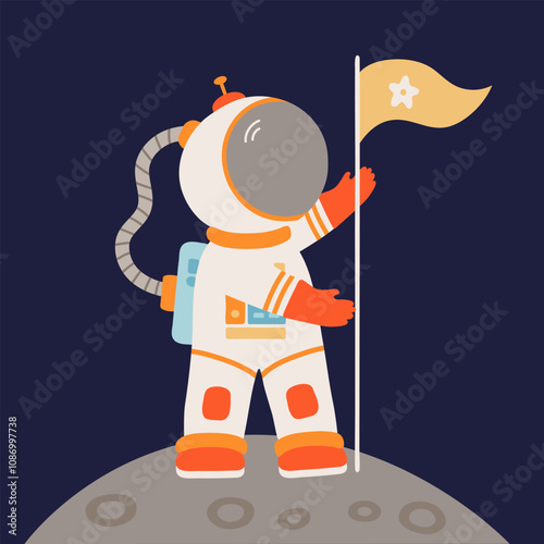 Cute cartoon astronaut planting flag on moon in space adventure.