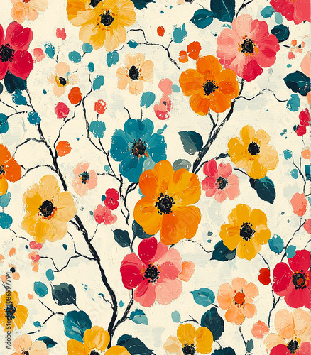 Colorful Hand Drawn Flowers Watercolor Style Seamless Pattern Background