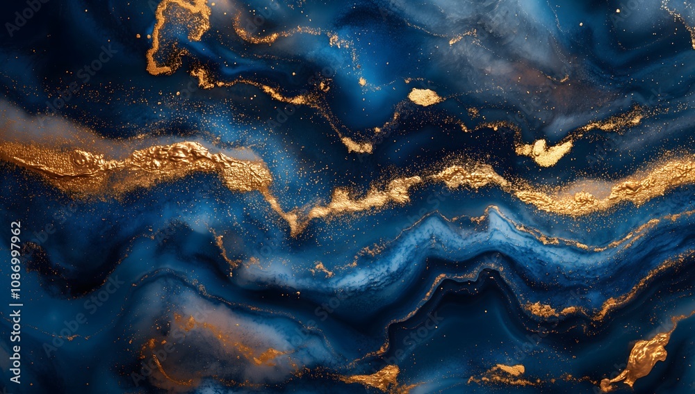 Fototapeta premium Swirling navy and gold abstract art. Elegant and luxurious color palette creates a mesmerizing visual.