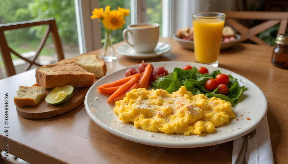 Breakfast of scrambled eggs, toast and fresh vegetables Breakfast of scrambled eggs, toast and fresh vegetables