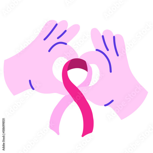 Mains qui forment un coeur autour d'un ruban pour le cancer du sein