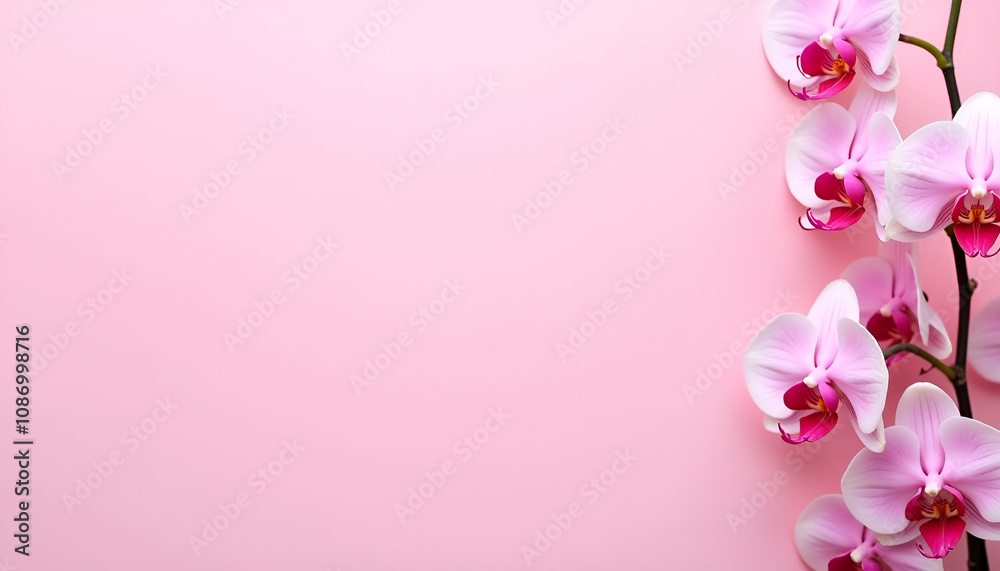 Beautiful pink orchids arrangement on soft pink background with copy space Beautiful pink orchids arrangement on soft pink background with copy space