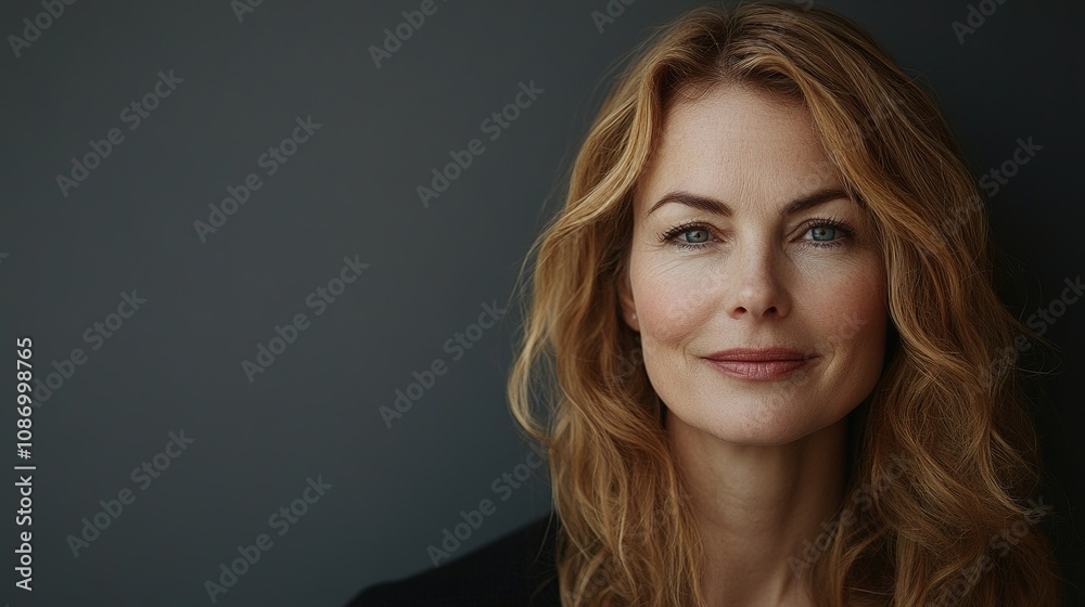 Portrait of a Confident Woman with Wavy Hair, Engaging Smile and Piercing Blue Eyes Against a Dark Background for Stock Photography Portrait of a Confident Woman with Wavy Hair, Engaging Smile and Piercing Blue Eyes Against a Dark Background for Stock Photography