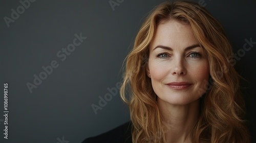 Portrait of a Confident Woman with Wavy Hair, Engaging Smile and Piercing Blue Eyes Against a Dark Background for Stock Photography