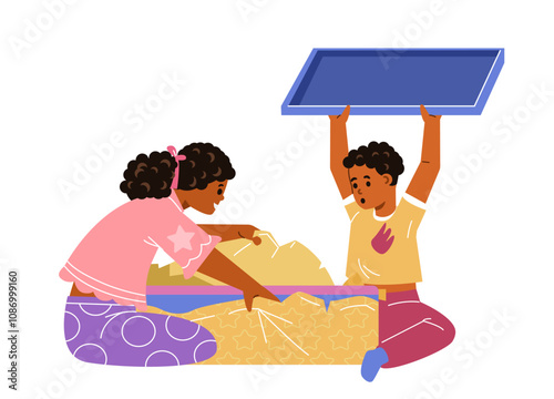 African American brother and sister opening gift box flat vector illustration isolated on white. 