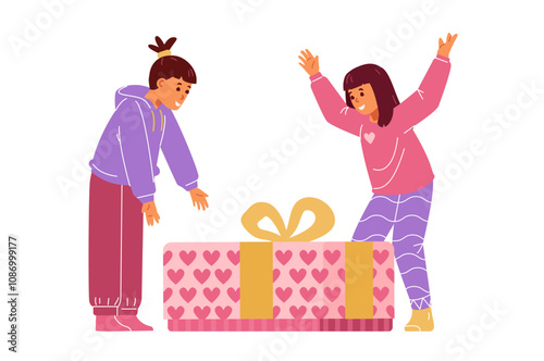 Two happy girls receiving big present flat vector illustration. Little sisters opening gift box.
