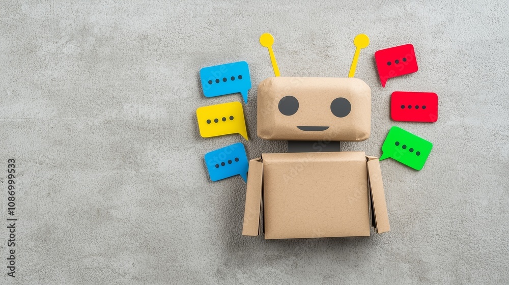 Obraz premium Cardboard AI chatbot icon designed as a friendly robot head, with colorful text bubbles surrounding it.
