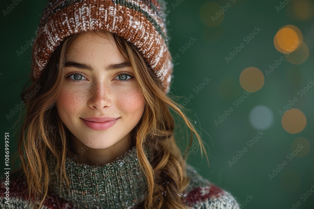 Young woman wearing cozy knit hat and sweater with soft smile, exuding warmth and winter charm against green background Generative AI Young woman wearing cozy knit hat and sweater with soft smile, exuding warmth and winter charm against green background Generative AI