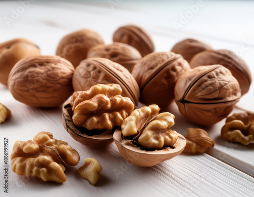 un grupo de nueces partidas sobre una mesa blanca junto a otras nueces enteras photo