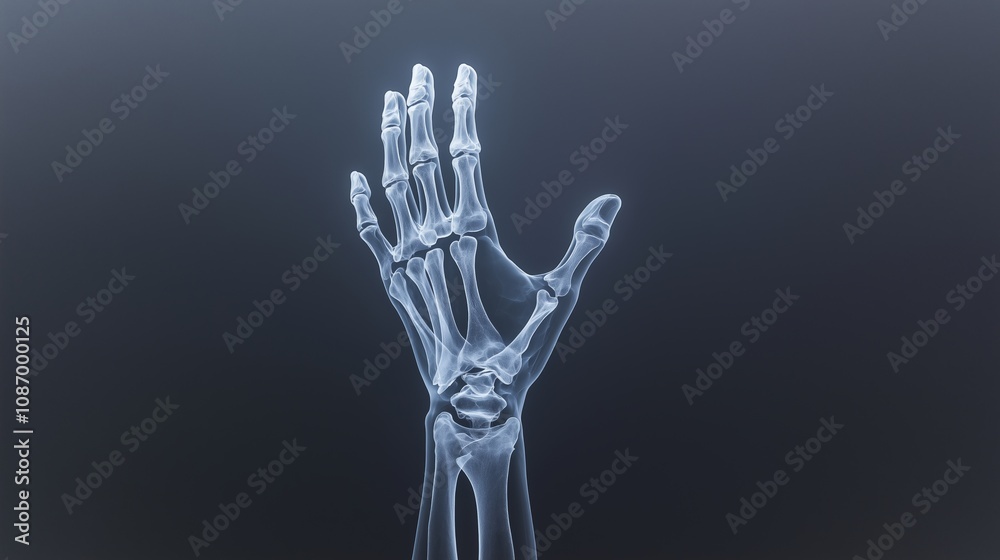 X-ray of a human hand in minimalist form, centered on a soft dark grey background. X-ray of a human hand in minimalist form, centered on a soft dark grey background.