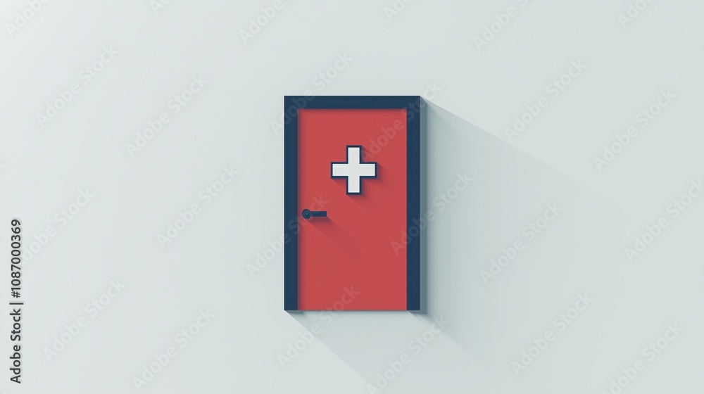Hospital door icon with a cross, on pale grey background. Hospital door icon with a cross, on pale grey background.