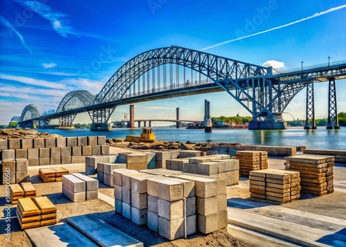 Panoramic View of Concrete Segments Unloaded and Stored for the Bayonne Bridge Project in New Jersey, Showcasing Industrial Infrastructure and Urban Development photo