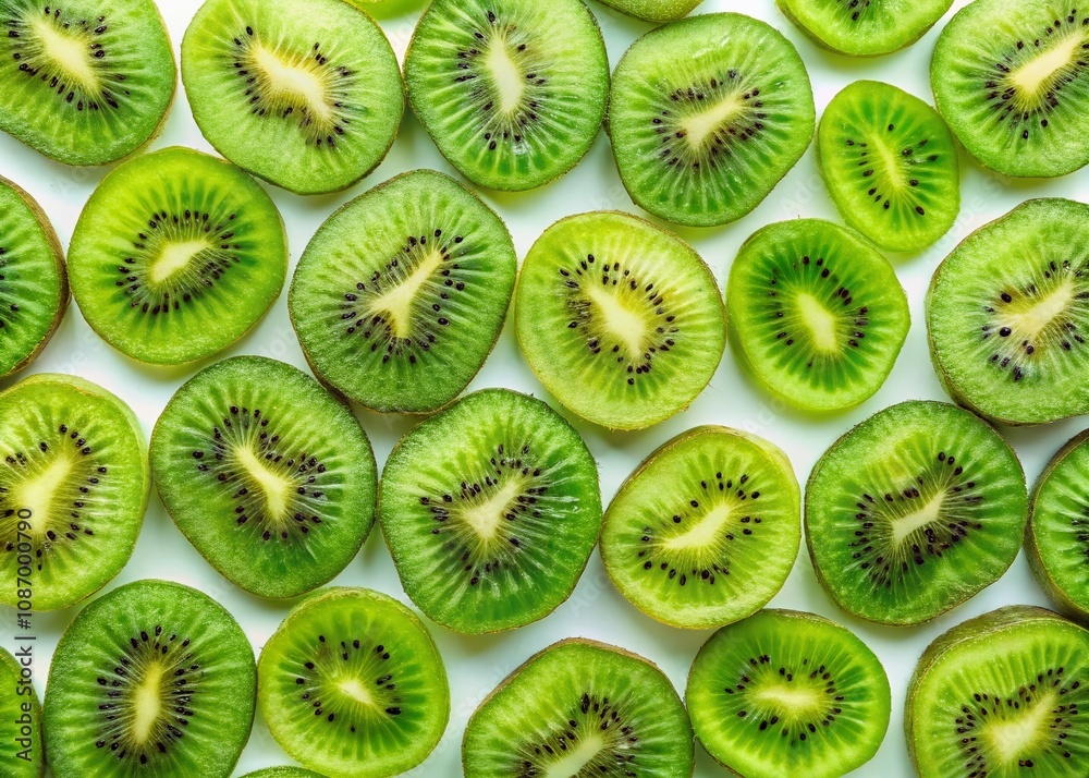 Panoramic View of Vibrant Dried Kiwi Fruit Slices on a White Background, Showcasing Their Unique Textures, Colors, and Natural Attributes for Food Photography and Culinary Inspiration Panoramic View of Vibrant Dried Kiwi Fruit Slices on a White Background, Showcasing Their Unique Textures, Colors, and Natural Attributes for Food Photography and Culinary Inspiration