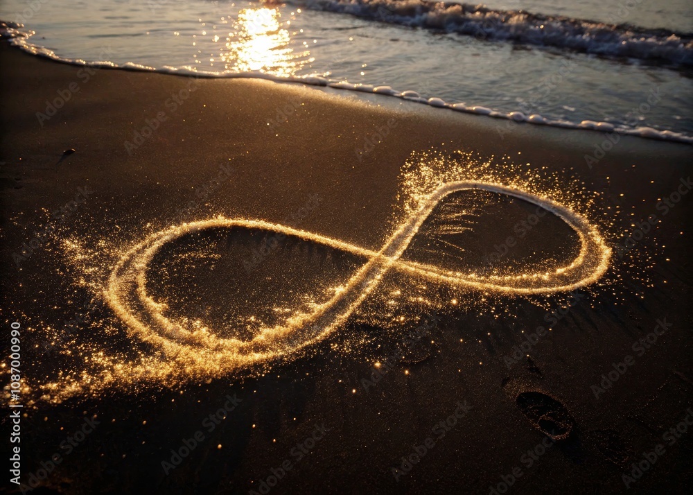 Obraz premium Stunning Silhouette Photography of Golden Micro Particles Forming an Infinite Symbol 8 - Abstract Design, Infinity Concept, Golden Particles, Artistic Representation