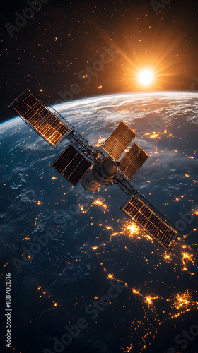 A satellite in orbit above the Earth with solar panels, showcasing space technology and exploration
