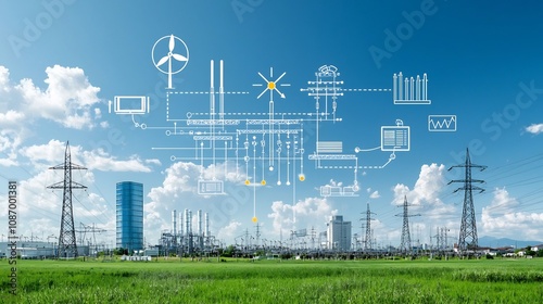 Centralized power grid showcasing a smart energy network that connects renewable and non renewable energy sources to homes cities and industries for efficient power distribution and management