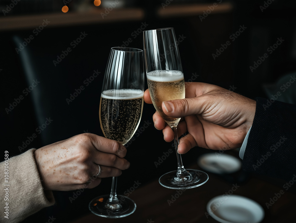 Champagne Toast Close-Up in an Elegant Festive Setting Champagne Toast Close-Up in an Elegant Festive Setting