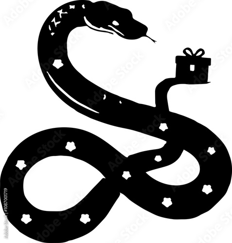 The silhouette of a snake holds a New Year's gift on its tail. On a white background. Vector