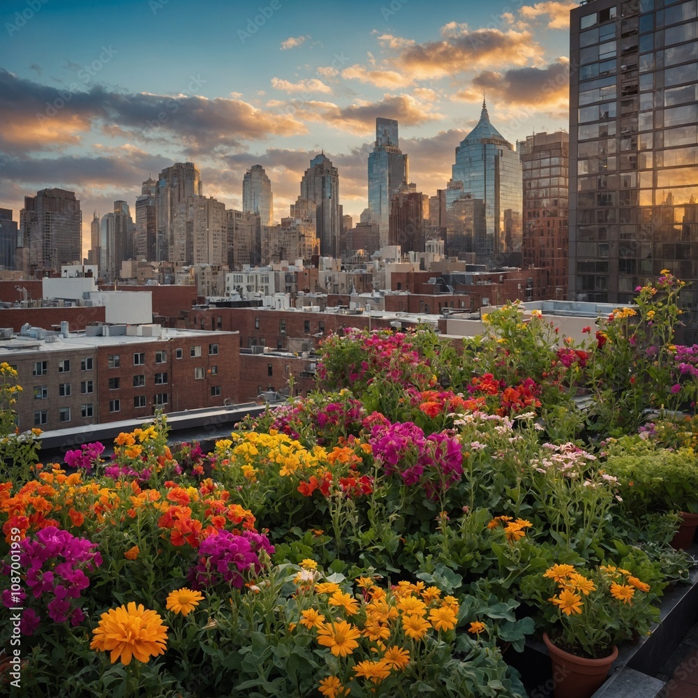 Fototapeta premium A rooftop garden with colorful flowers overlooking a bustling cityscape.