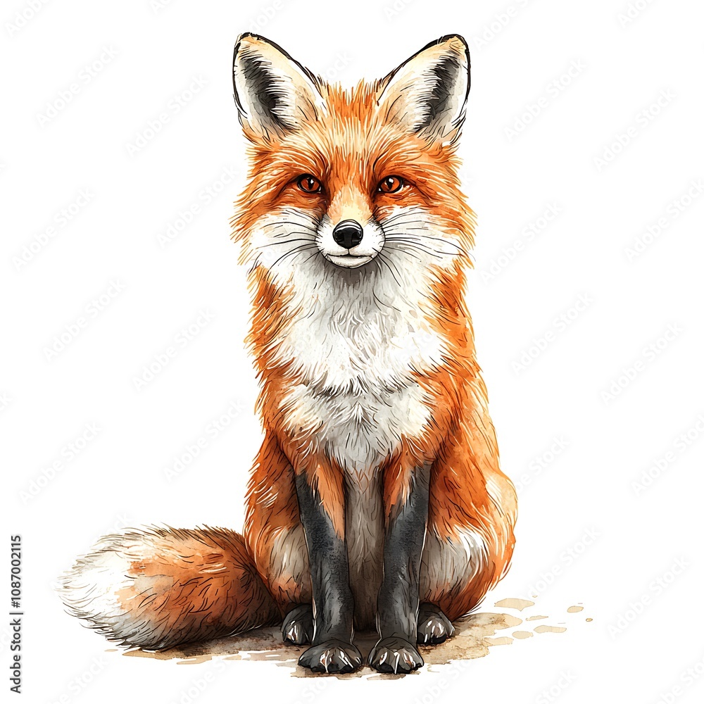 Obraz premium Watercolor Illustration of a Red Fox Sitting, Wildlife Animal Portrait. A detailed, hand-painted style image perfect for nature-themed projects.