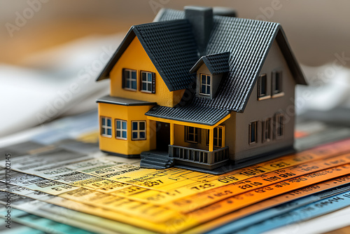 A visual concept showing how credit scores impact loan approval, with a scale from poor to excellent, loan documents, and a house model, focusing on financial evaluation.
 photo