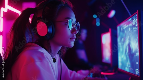 A young woman wearing headphones and sunglasses is focused on a computer screen in a brightly lit gaming room