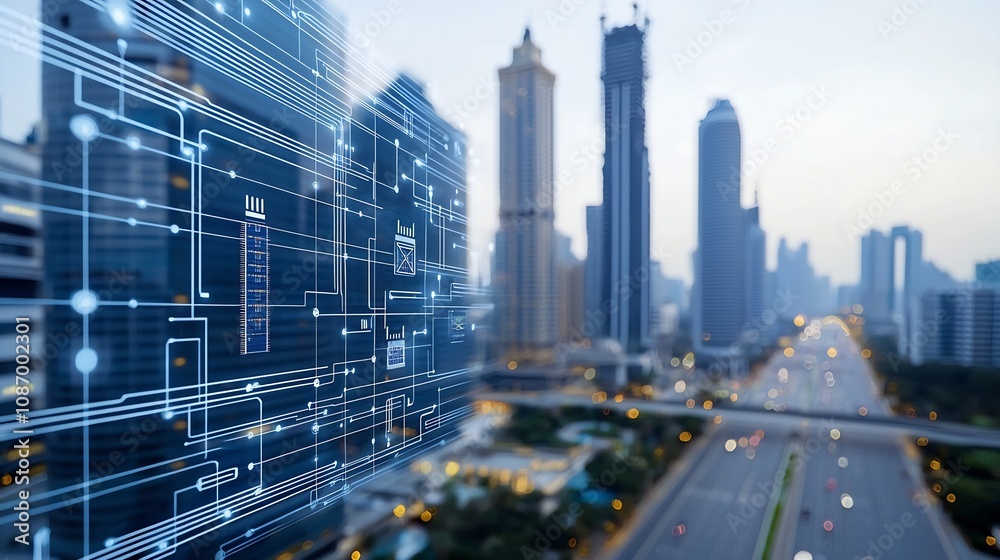 Obraz premium Advanced futuristic city powered by smart grid technology with integrated energy storage in skyscrapers and digital network elements The city features a modern