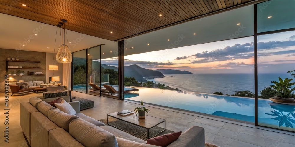 Surreal Modern Living Room Interior with Ocean View and Infinity Pool | Open Plan Vacation Home Design for Luxury Living Surreal Modern Living Room Interior with Ocean View and Infinity Pool | Open Plan Vacation Home Design for Luxury Living
