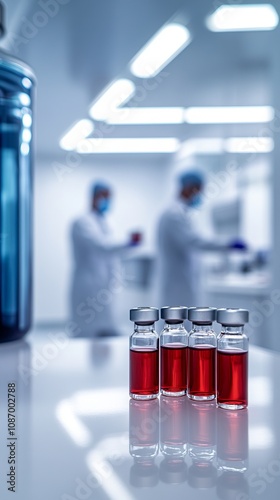 Medical Research in a Modern Laboratory: Red Liquid Samples in Vials photo