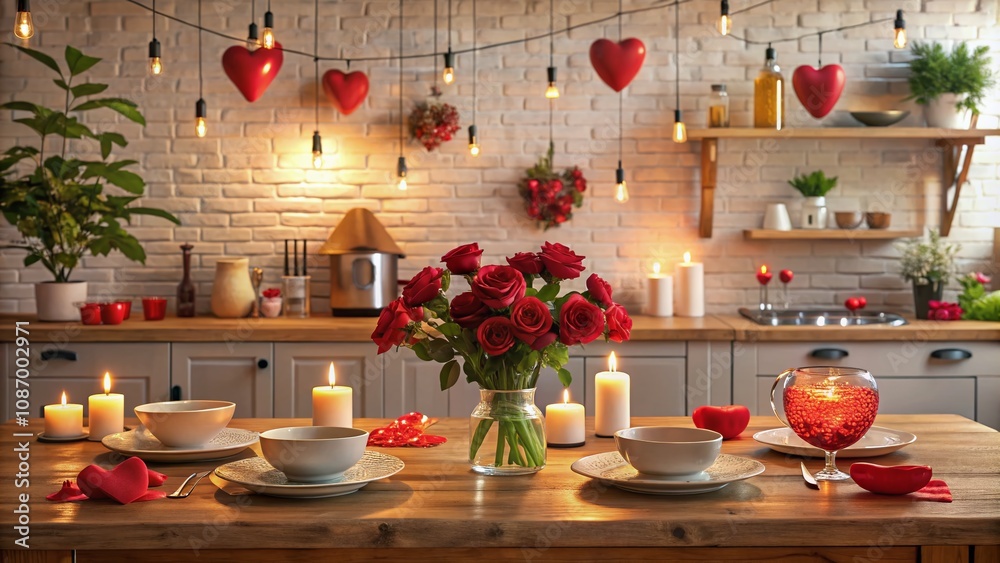 Romantic Valentine's Day Kitchen Decor with Wooden Table Top Against White Brick Wall, Perfect for Celebrating Love and Togetherness with Cozy Ambiance Romantic Valentine's Day Kitchen Decor with Wooden Table Top Against White Brick Wall, Perfect for Celebrating Love and Togetherness with Cozy Ambiance