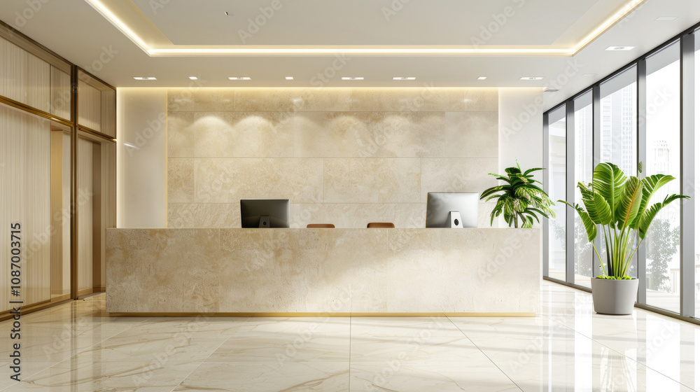 Modern Office Reception Area with Marble Counter and Large Windows Offering Natural Light and a Minimalist Design Modern Office Reception Area with Marble Counter and Large Windows Offering Natural Light and a Minimalist Design