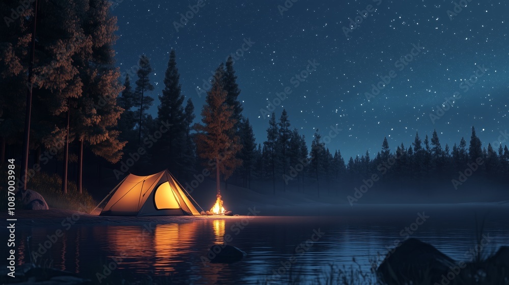 A glowing tent sits on the shore of an outdoor lake, surrounded by pine trees under a starry night sky. A glowing tent sits on the shore of an outdoor lake, surrounded by pine trees under a starry night sky.