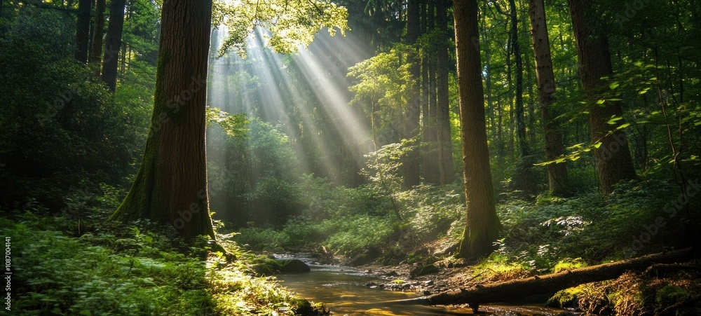 Obraz premium Sunbeams Dancing Through the Enchanted Forest