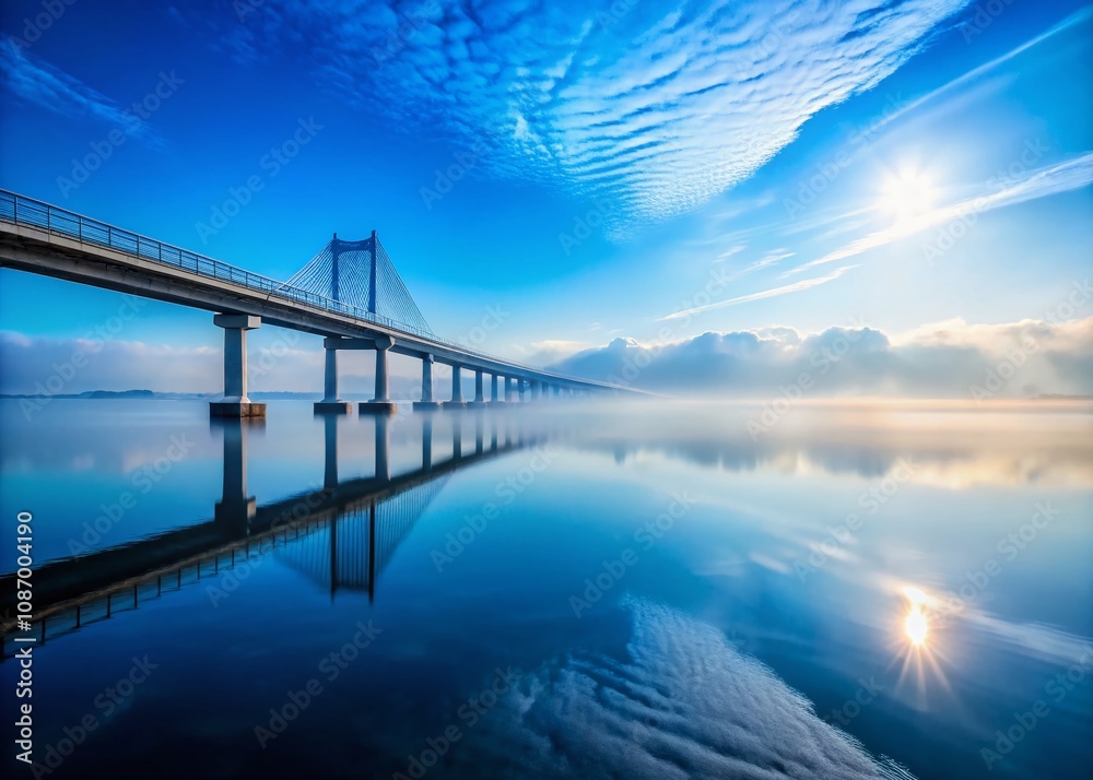 Fototapeta premium Serene Blue Sky Over Foggy Landscape with a Bridge Spanning Tranquil Waters in the Foreground, Perfect for Nature and Scenic Photography Collections