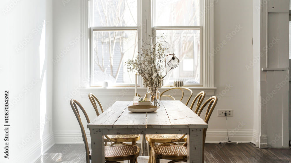 Bright and Airy Dining Room with Wooden Table and Chairs in a Sunlit Modern Home Interior Bright and Airy Dining Room with Wooden Table and Chairs in a Sunlit Modern Home Interior