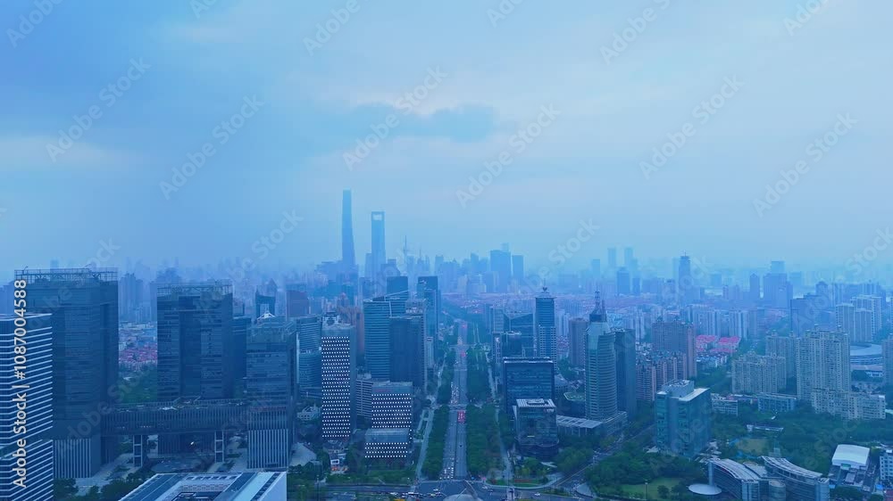 4K real time Aerial view of Shanghai skyline at sunset. 4K real time Aerial view of Shanghai skyline at sunset.