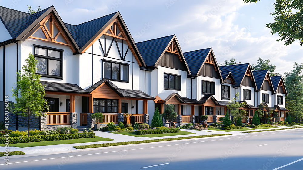 A row of modern townhouses with white walls and gray roofs against the blue sky on a sunny day Generative AI A row of modern townhouses with white walls and gray roofs against the blue sky on a sunny day Generative AI