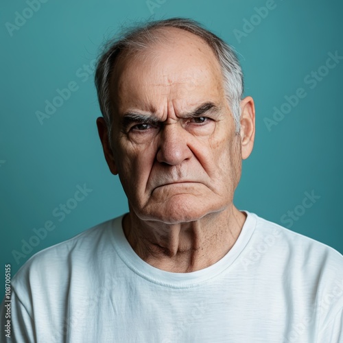 Angry senior man frowning at the camera in casual white shirt photo