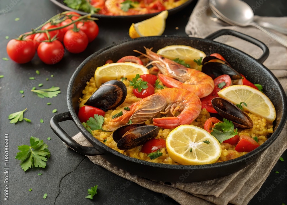 Vibrant Seafood Paella in Black Pan with Shrimp, Mussels, Tomatoes, Lemon Wedges, and Fresh Parsley - Delicious and Colorful Dish for Culinary Enthusiasts and Food Lovers Vibrant Seafood Paella in Black Pan with Shrimp, Mussels, Tomatoes, Lemon Wedges, and Fresh Parsley - Delicious and Colorful Dish for Culinary Enthusiasts and Food Lovers