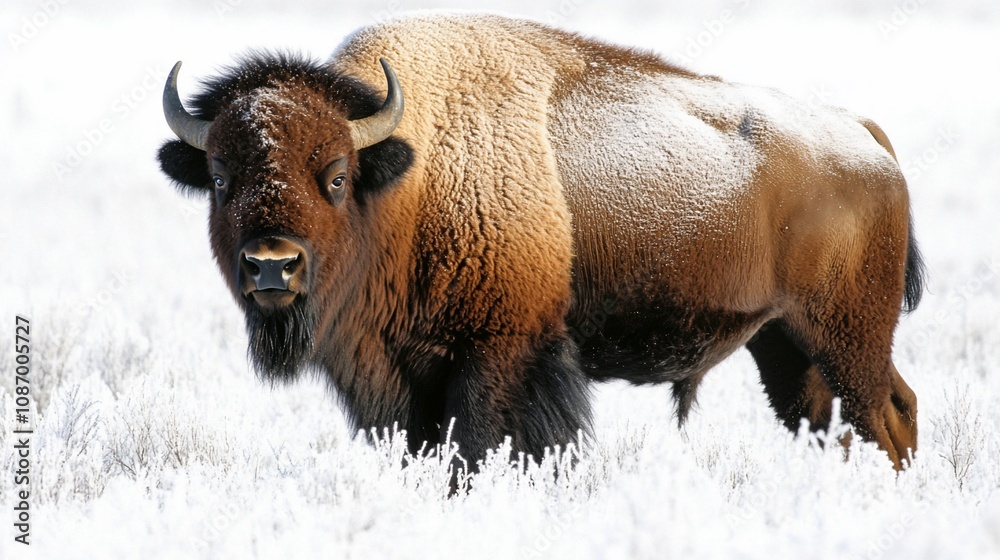 A majestic bison stands in a snowy field, its thick fur dusted with frost. A majestic bison stands in a snowy field, its thick fur dusted with frost.