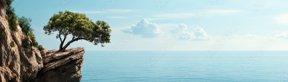 A serene coastal landscape with a lone tree perched on a rocky cliff overlooking calm waters. A serene coastal landscape with a lone tree perched on a rocky cliff overlooking calm waters.